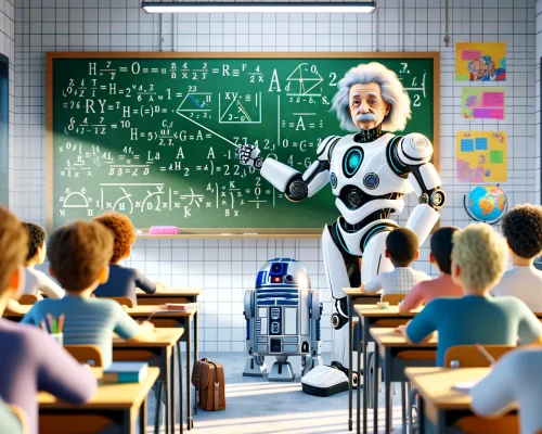 DALL·E 2024-06-12 19.31.33 - A realistic YouTube thumbnail for a video titled 'Einstein Listening to a Robot Teaching Mathematics'. The thumbnail features a robot standing at the